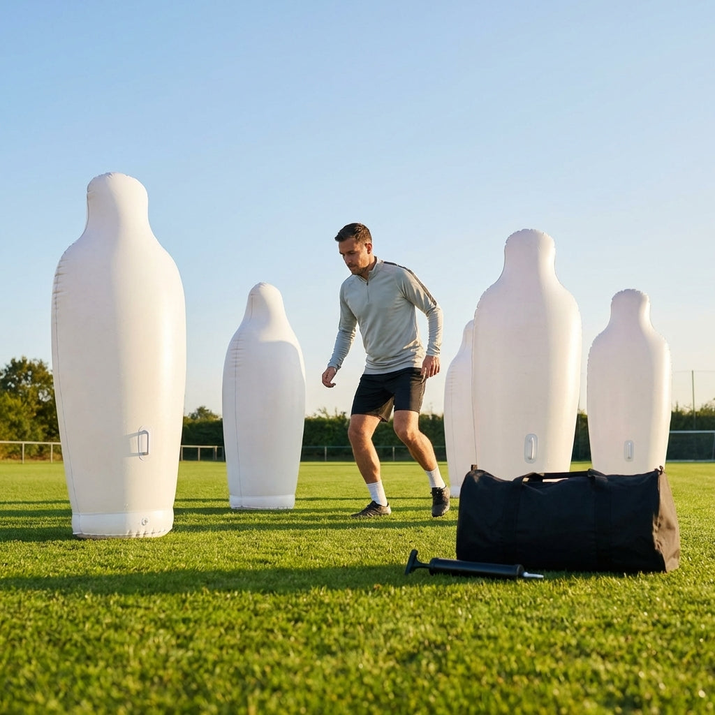Inflatable football mannequins available in multiple sizes for training use
