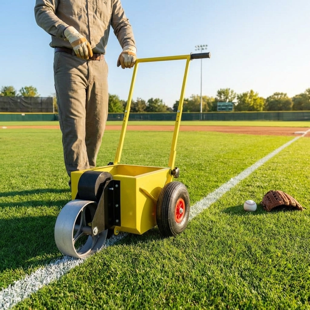 Baseball field line marker with steel tank and pneumatic wheels