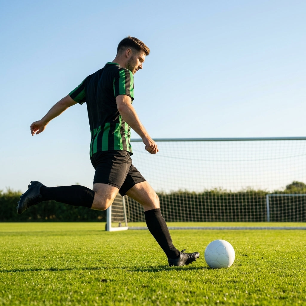 Men's striped football kit with shirt, shorts, and socks