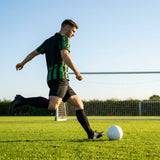 Men's striped football kit with shirt, shorts, and socks