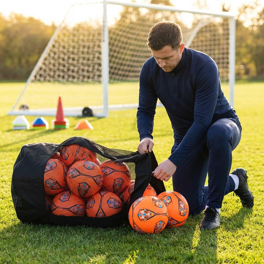 Football carry bag with 12 footballs, durable mesh