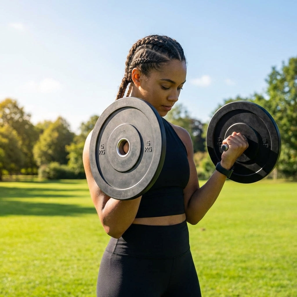 Black Olympic bumper plates made from Virgin rubber