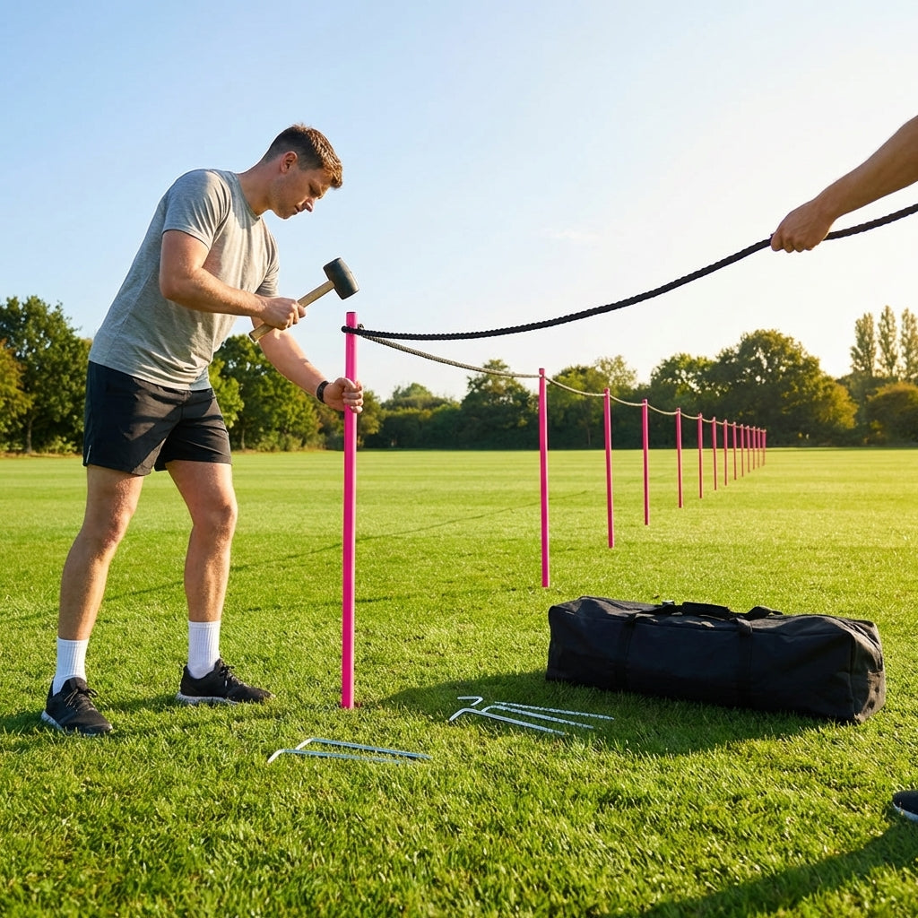 Football crowd control barrier with PVC poles for outdoor use