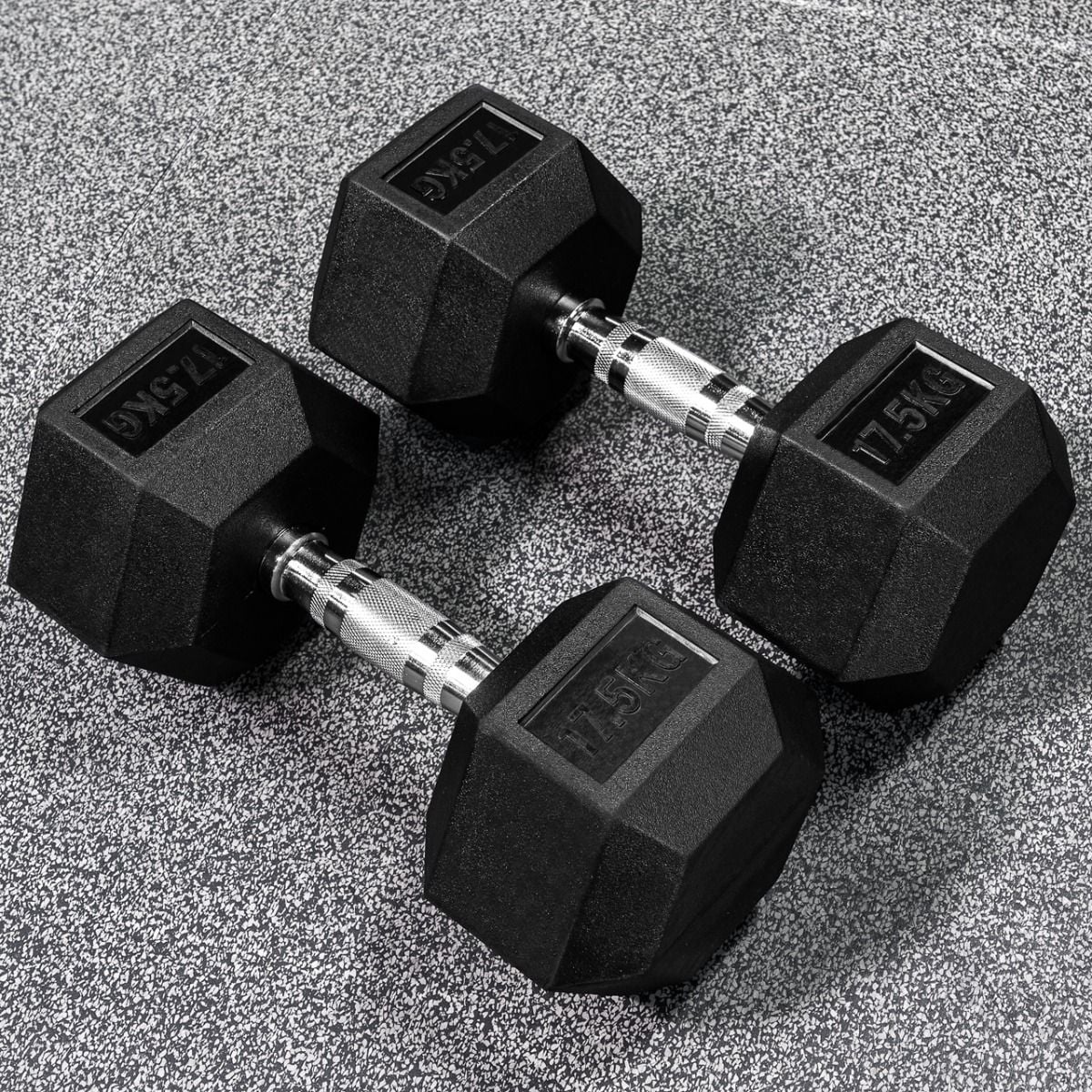 Hex dumbbells with rubber ends and chrome handles