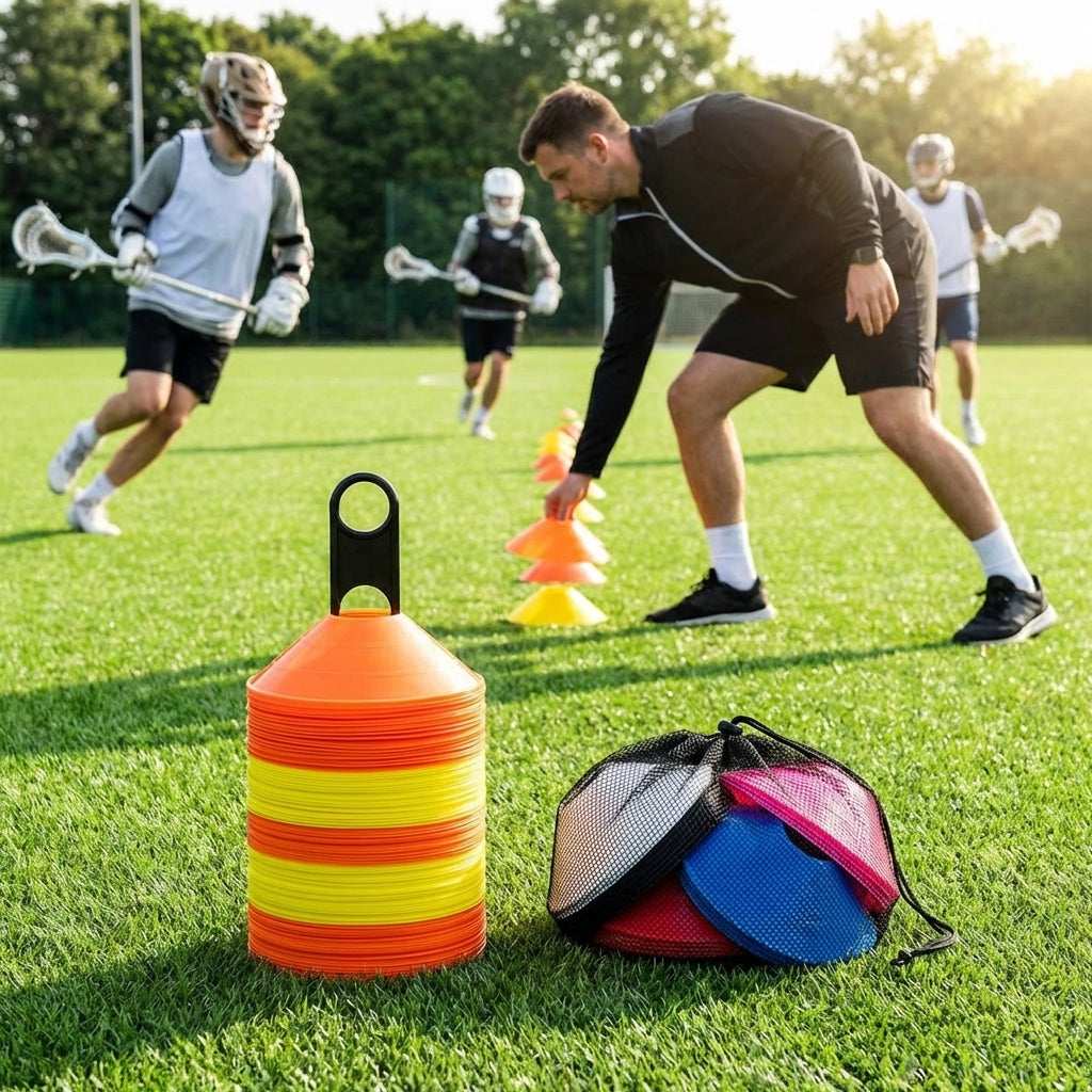Lacrosse training marker cones in various vibrant colours