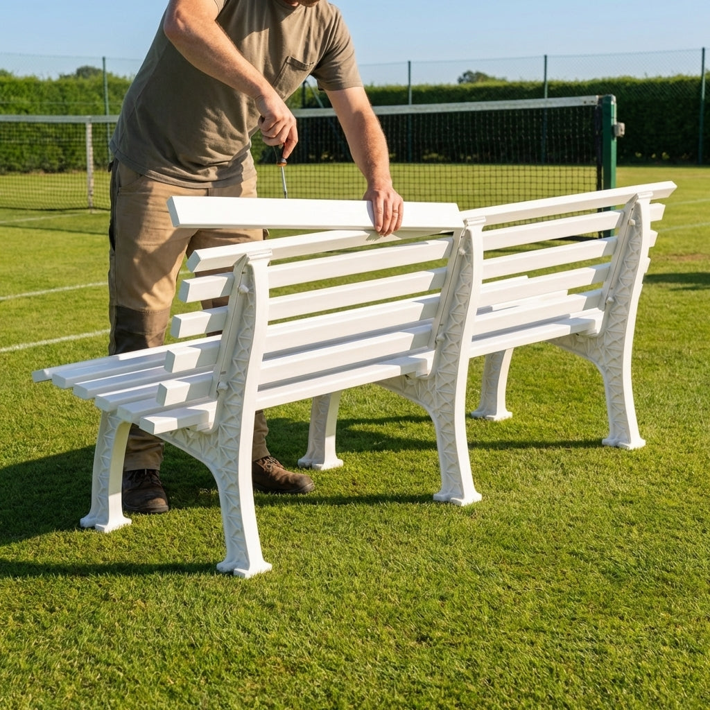 Replacement bench parts for tennis courts, available in various colours