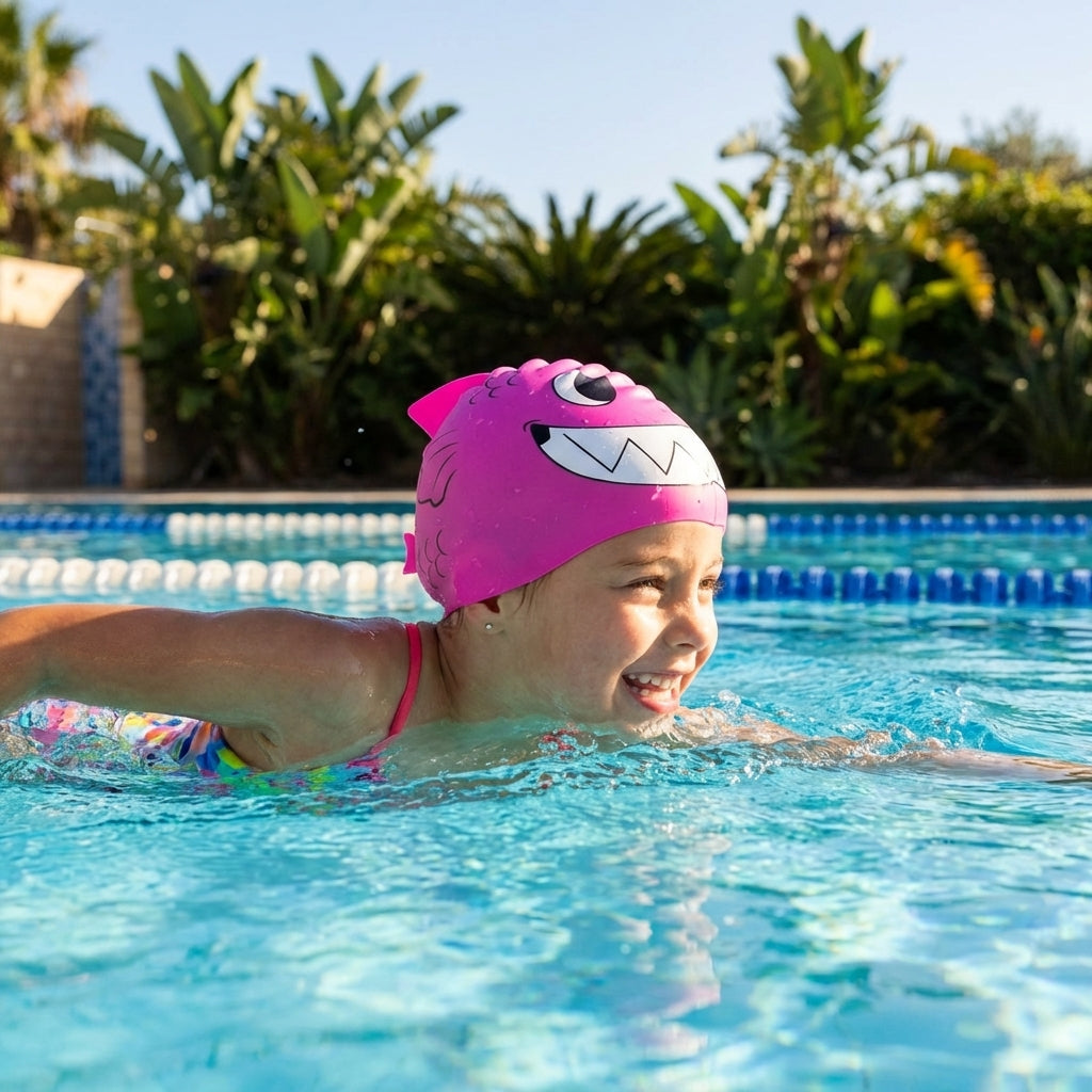 Kids swimming cap with fish design in blue and pink, made from silicone