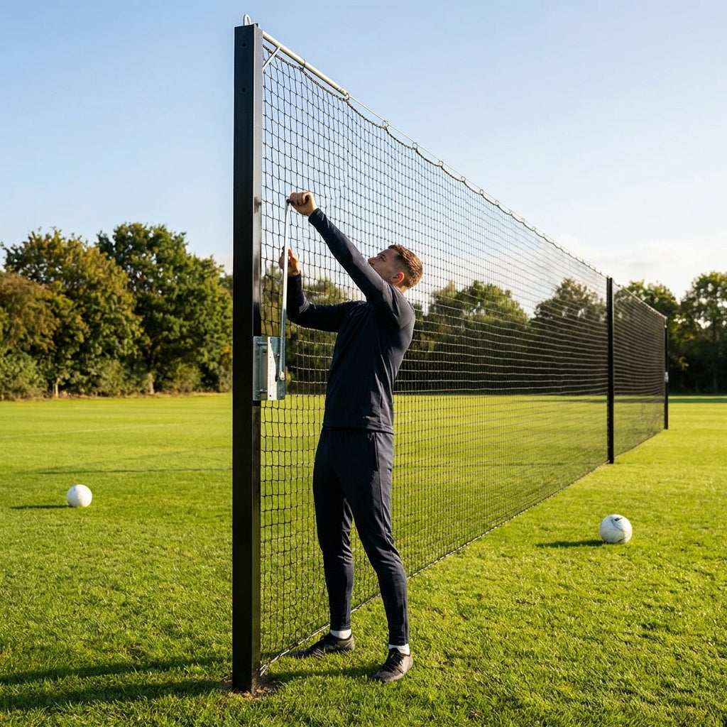 Pitch divider net system with galvanised steel posts and tensioned net