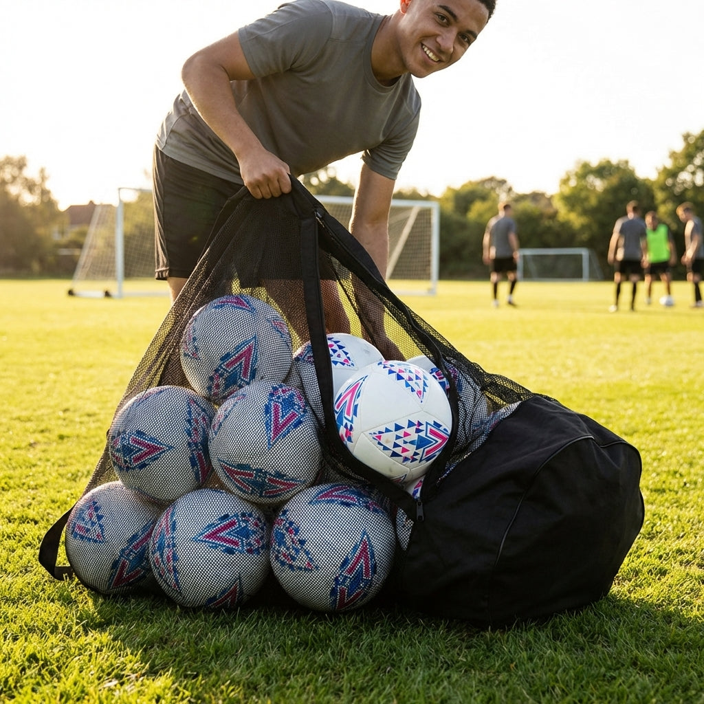 Football carry bag with 12 footballs, durable mesh