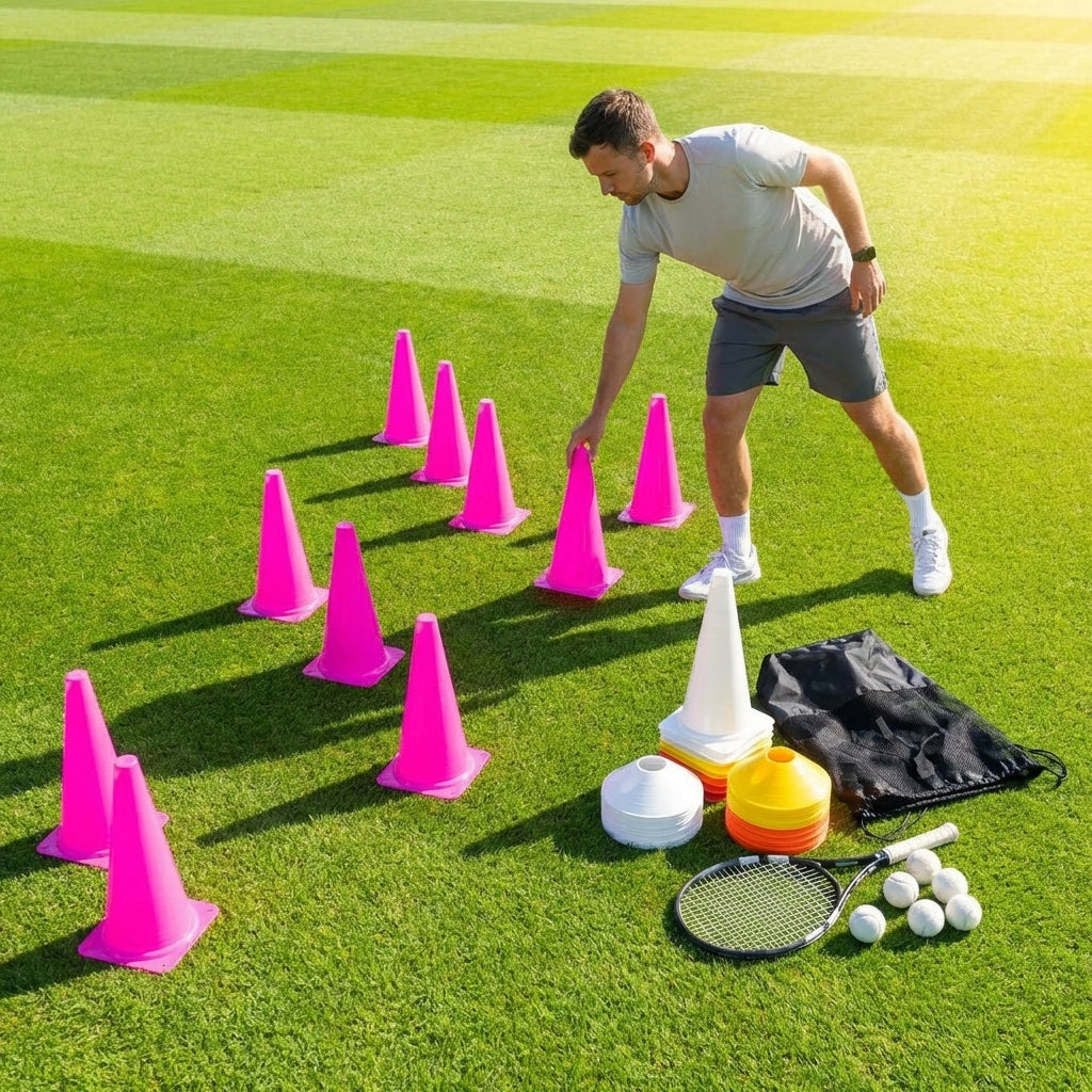 Tennis training marker cones in various sizes and colours