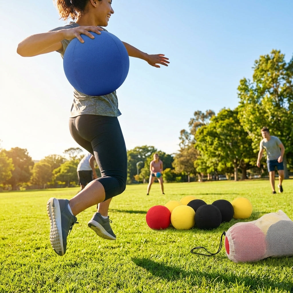 7in cloth dodgeball in red, blue, and yellow/black, perfect for indoor sports