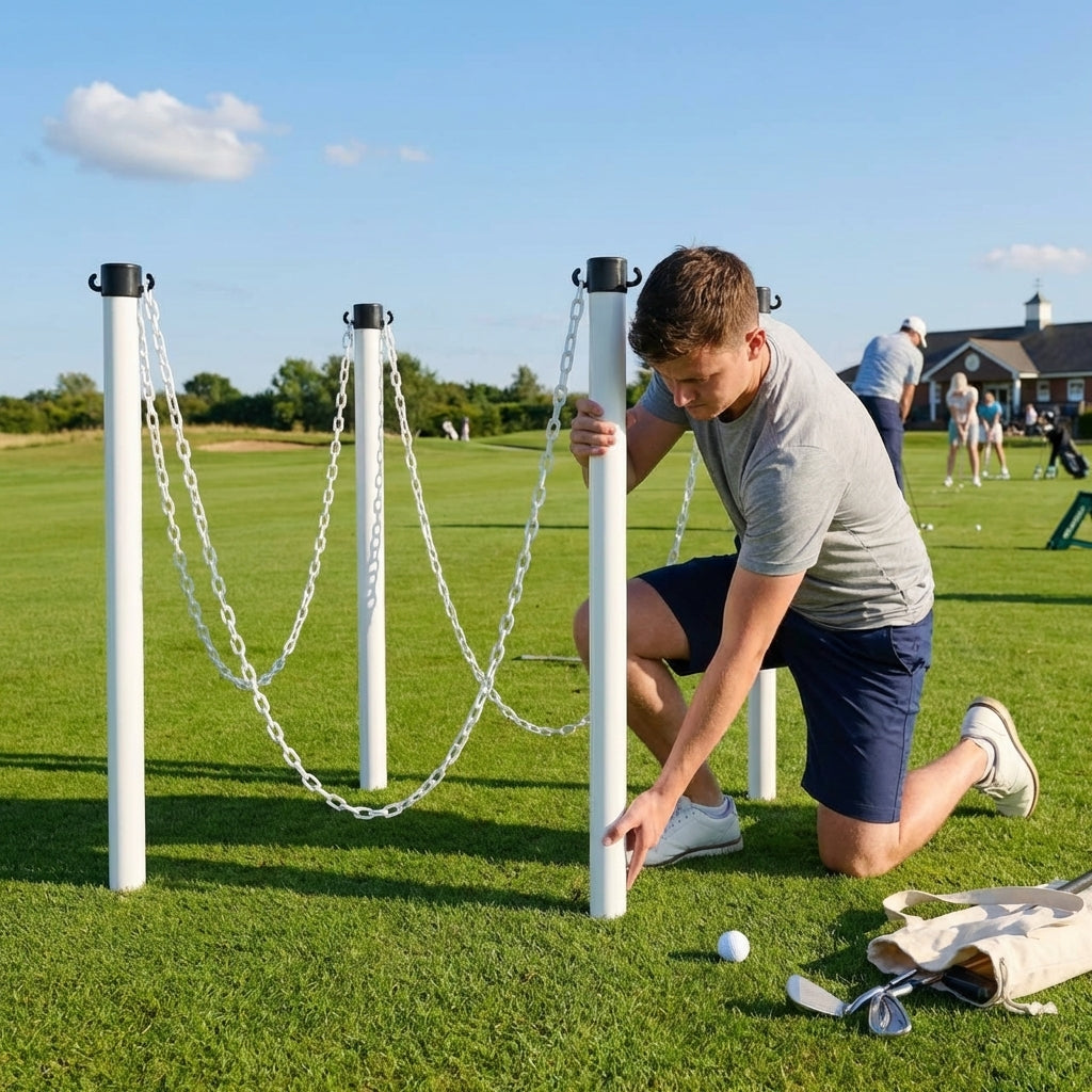 Plastic post and chain set for soft grounds, available in 5 colours
