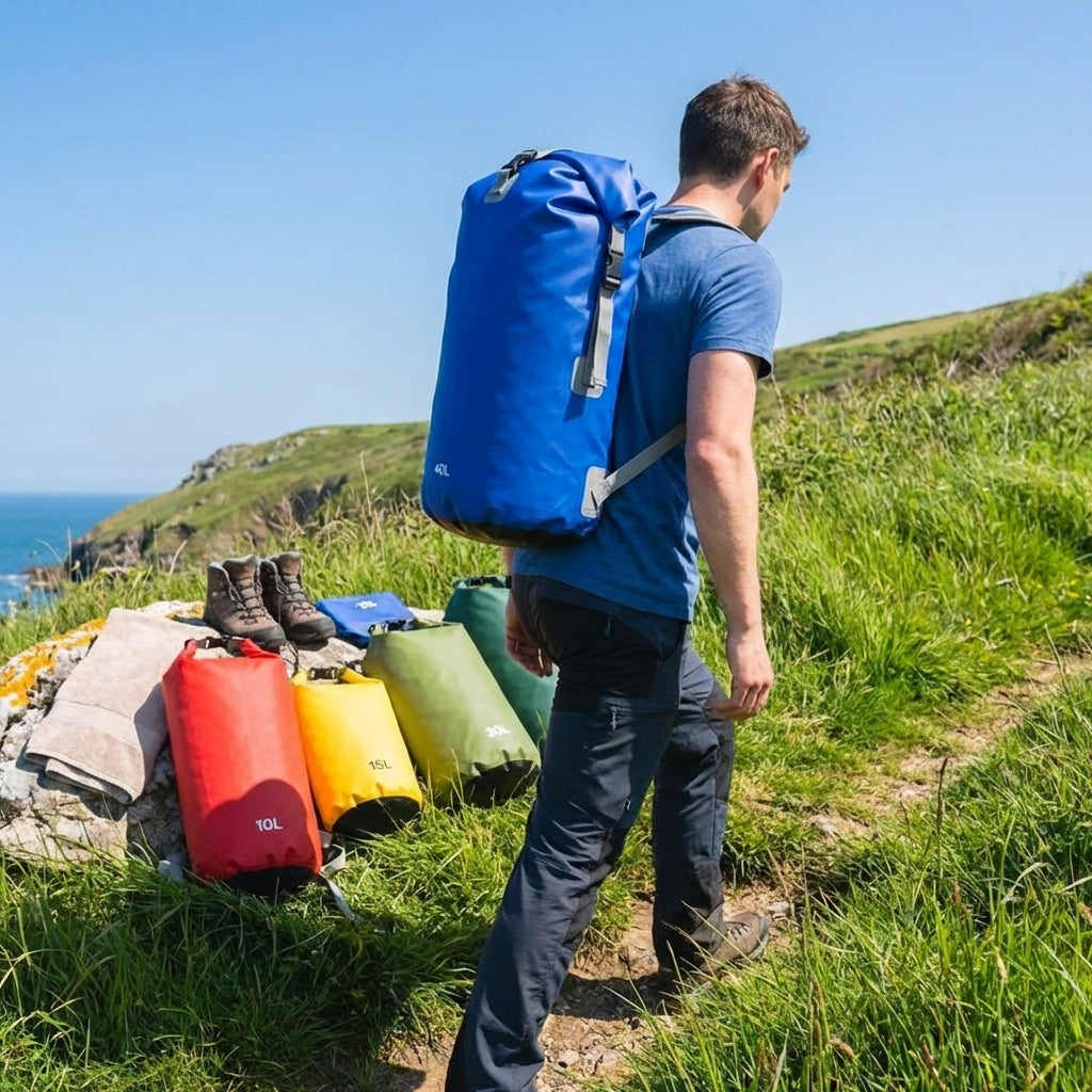 Waterproof dry bag rucksack, 10L capacity in orange, ideal for outdoor sports