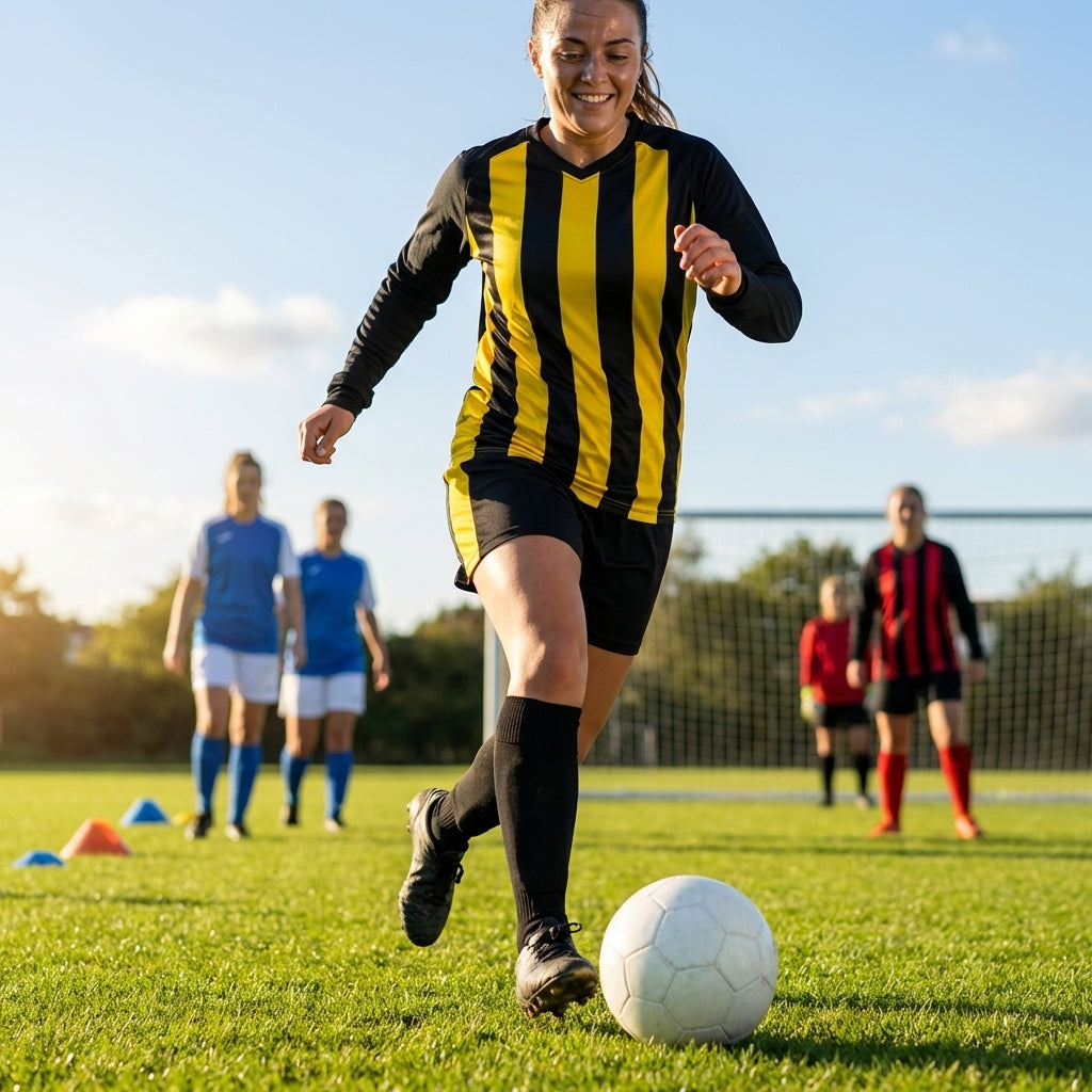Women's football kit with long-sleeved striped shirt, shorts, and knee-high socks