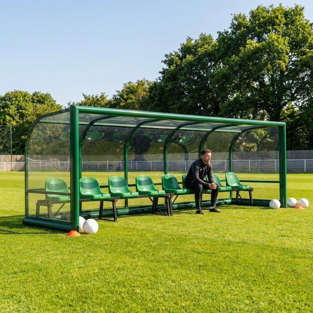 Fixed team shelter with aluminium frame and polycarbonate panels for sports
