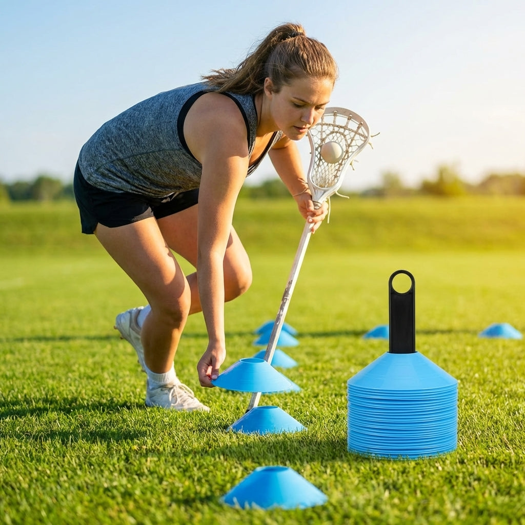 Lacrosse training marker cones in various vibrant colours