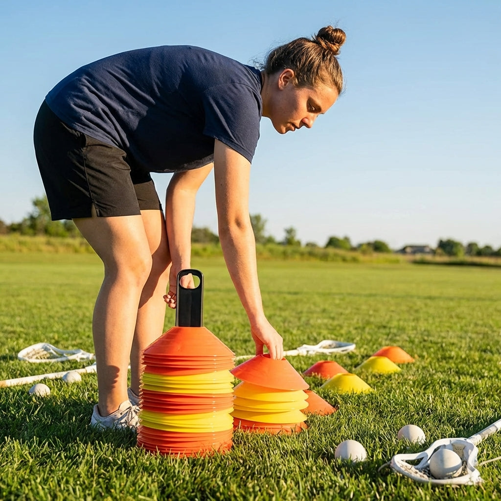 Lacrosse training marker cones in various vibrant colours