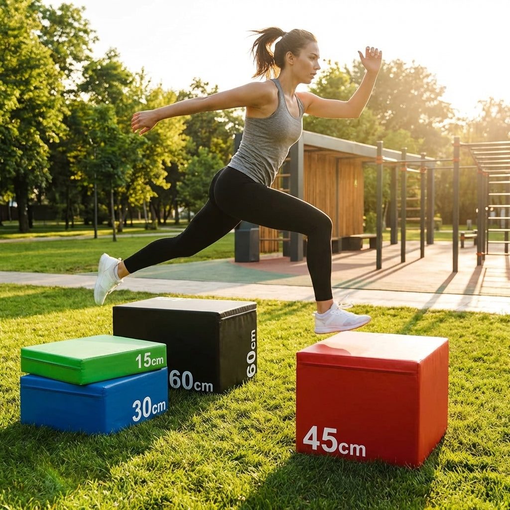 Plyometric jump boxes in various colours and heights for gym workouts