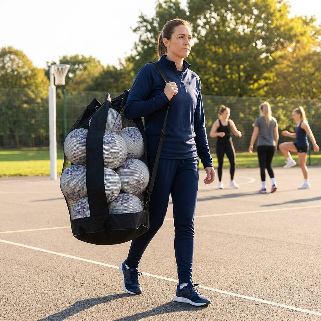 Netball carry bag with 12 netballs, mesh design for easy transport