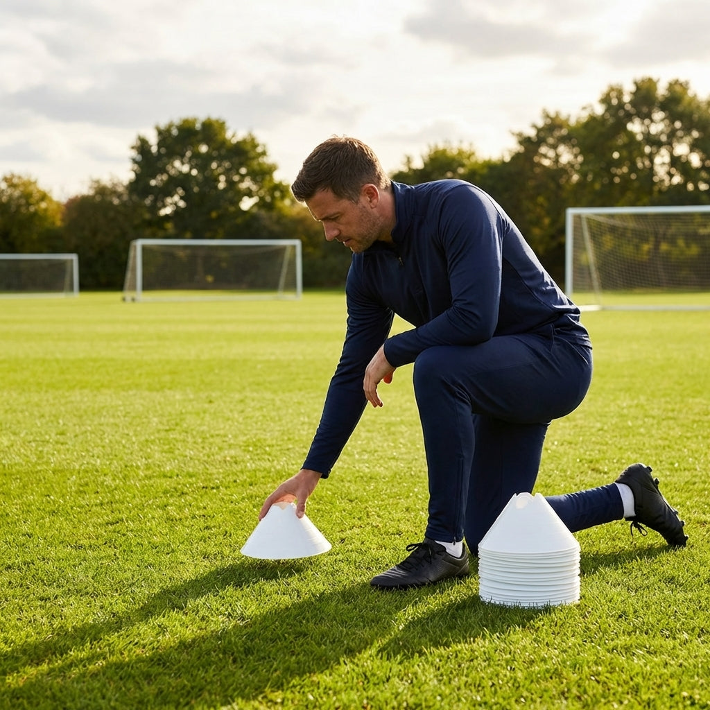 Set of vibrant football training cones in various sizes and colours