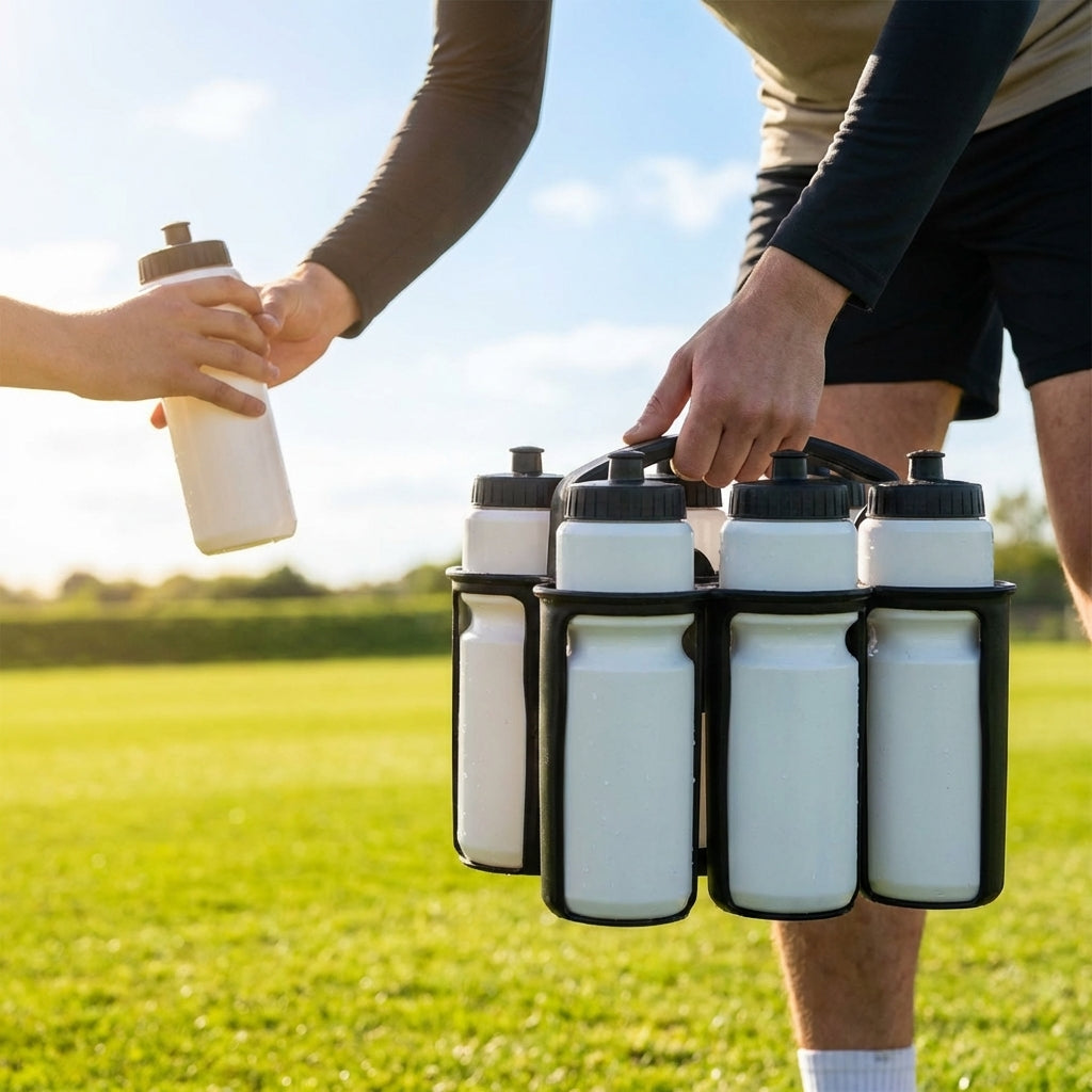 Set of 8 BPA free 750ml sports drink water bottles with stackable carrier