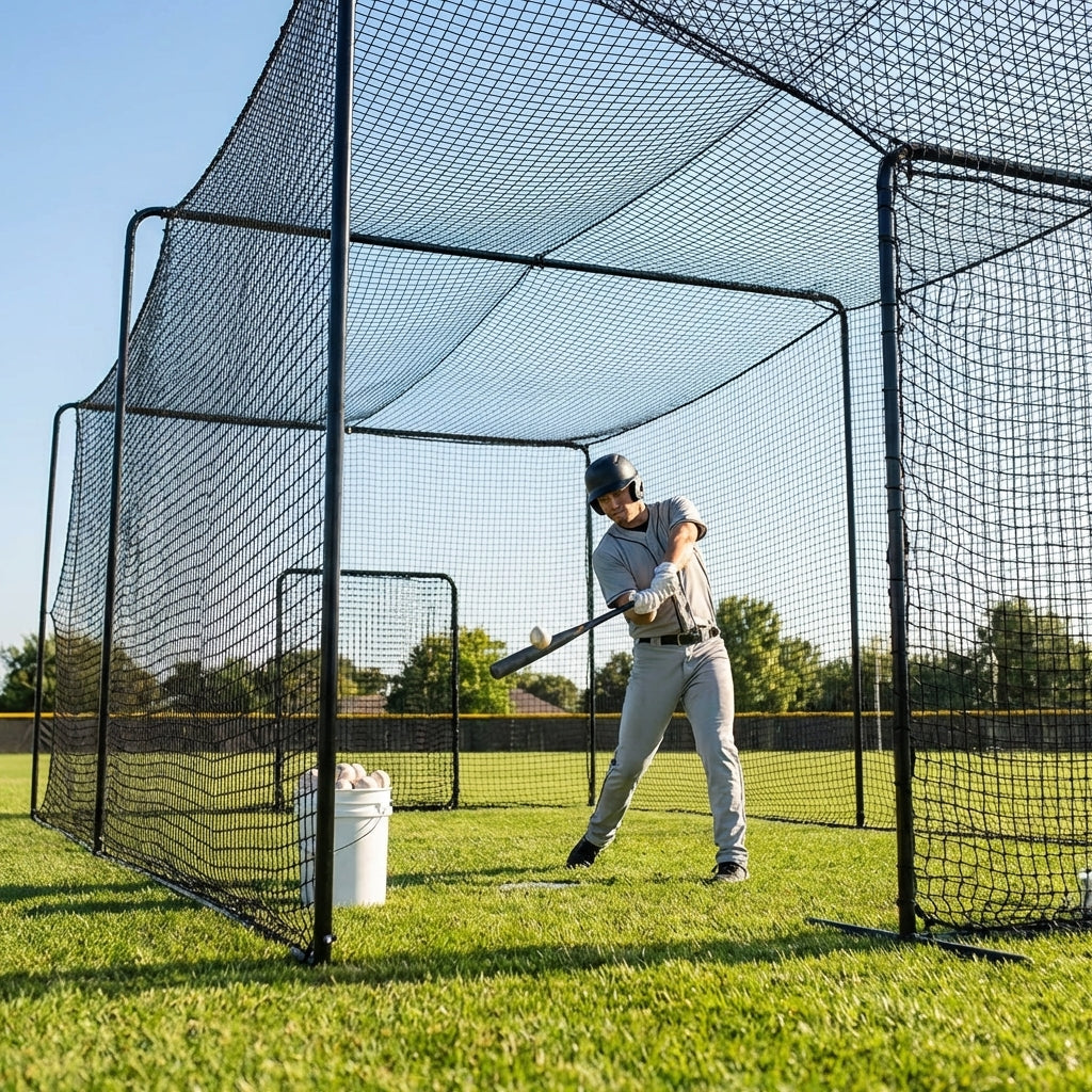 Black baseball batting cage nets made from HDPP twine for indoor and outdoor use