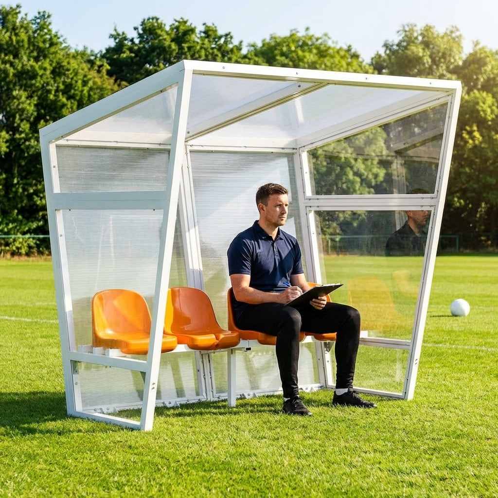 Heavy duty aluminium team shelter with moulded seats
