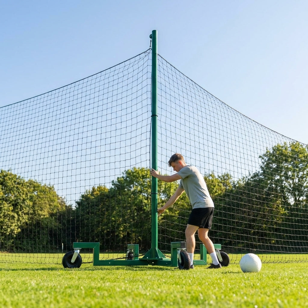 Mobile ball stop netting system with aluminium and steel components for sports grounds