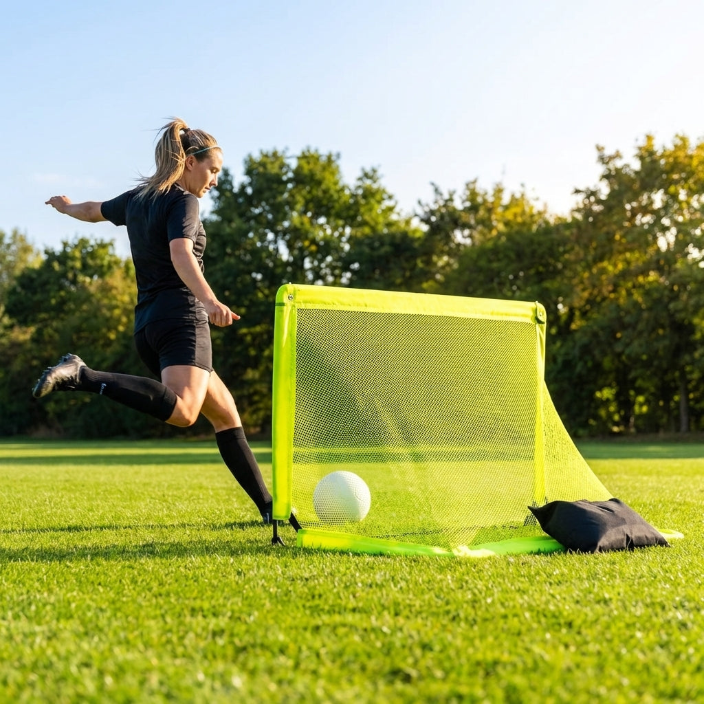 Folding football goal with aluminium frame and high-impact net