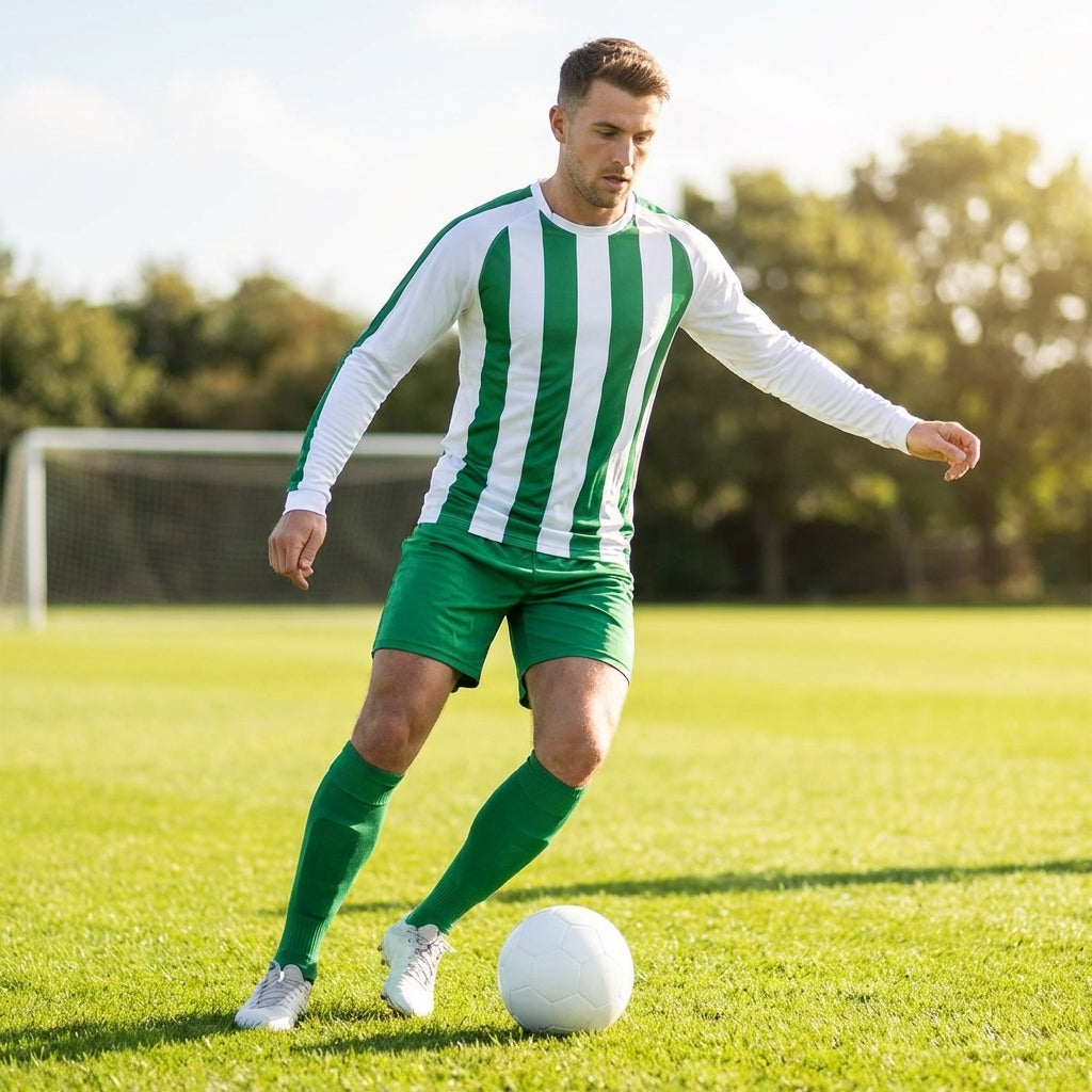 Men's Striped Football Kit with long-sleeve top, shorts, and socks