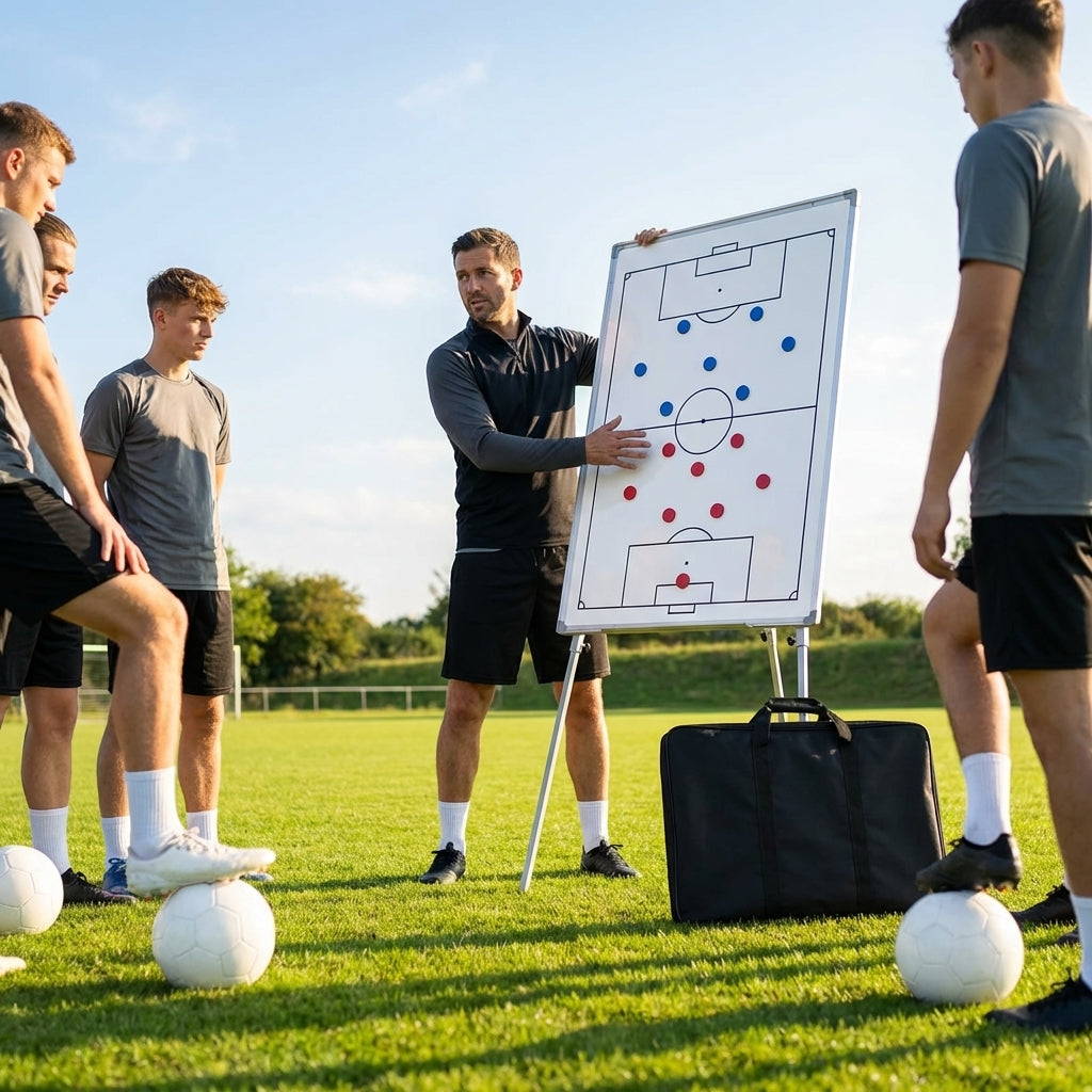 Football coaching whiteboard with aluminium frame and coloured markers