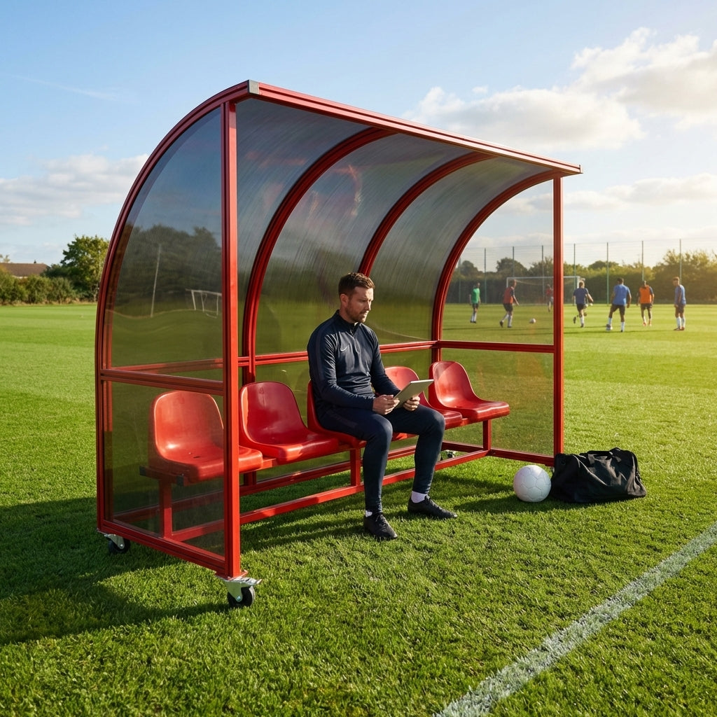 Mobile team shelter with aluminium frame for sports pitches