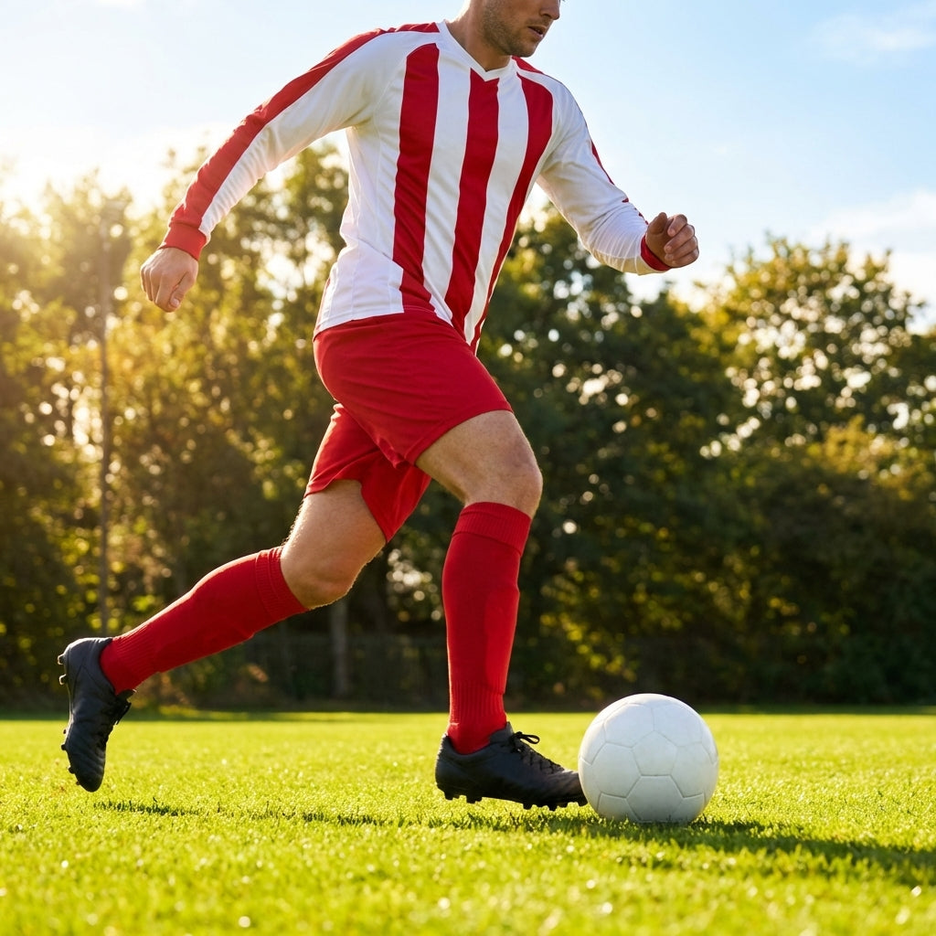Men's Striped Football Kit with long-sleeve top, shorts, and socks
