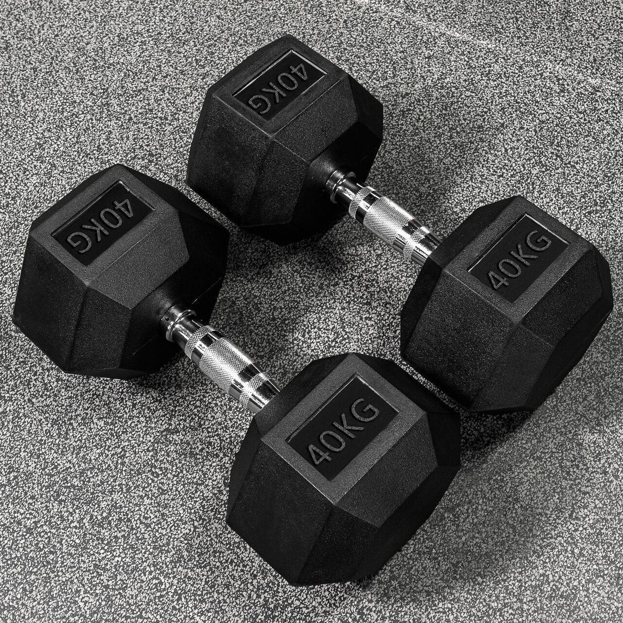 Hex dumbbells with rubber ends and chrome handles