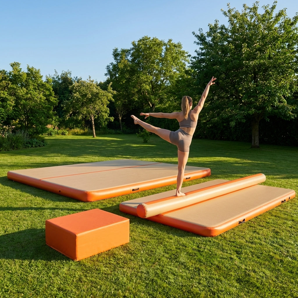 Inflatable gymnastics mat set with beam and block