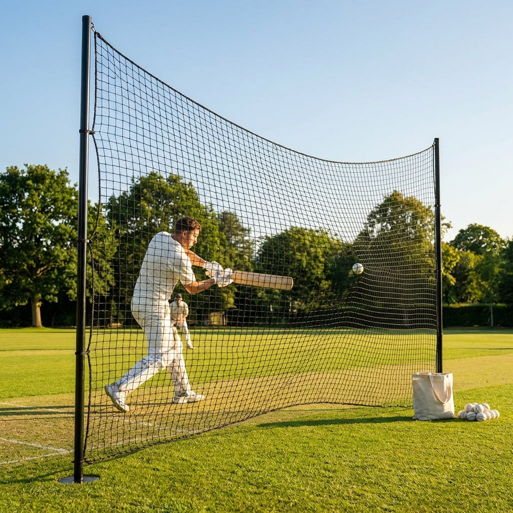 Ball stop netting system with steel posts and HDPP netting