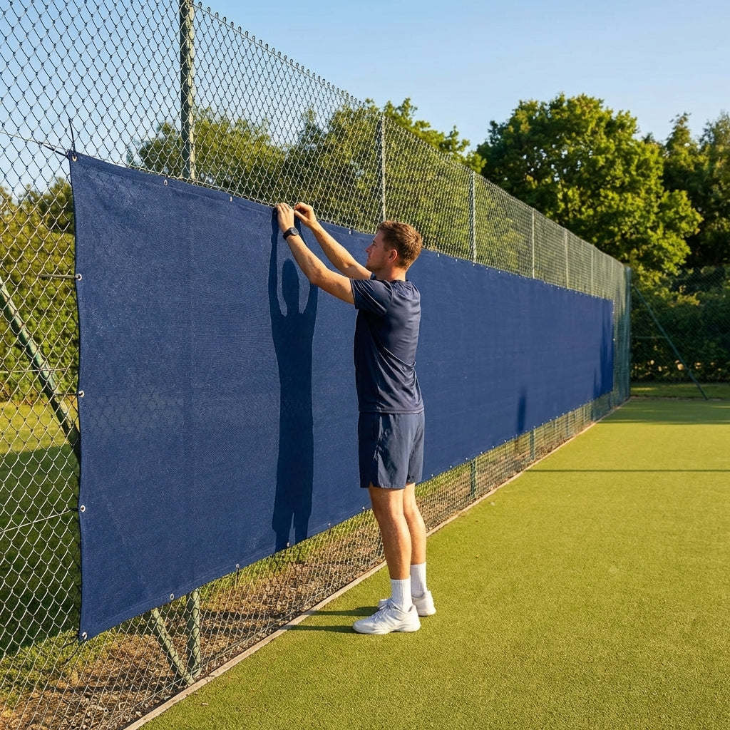 Green Tennis Court Windbreaks on an outdoor tennis court