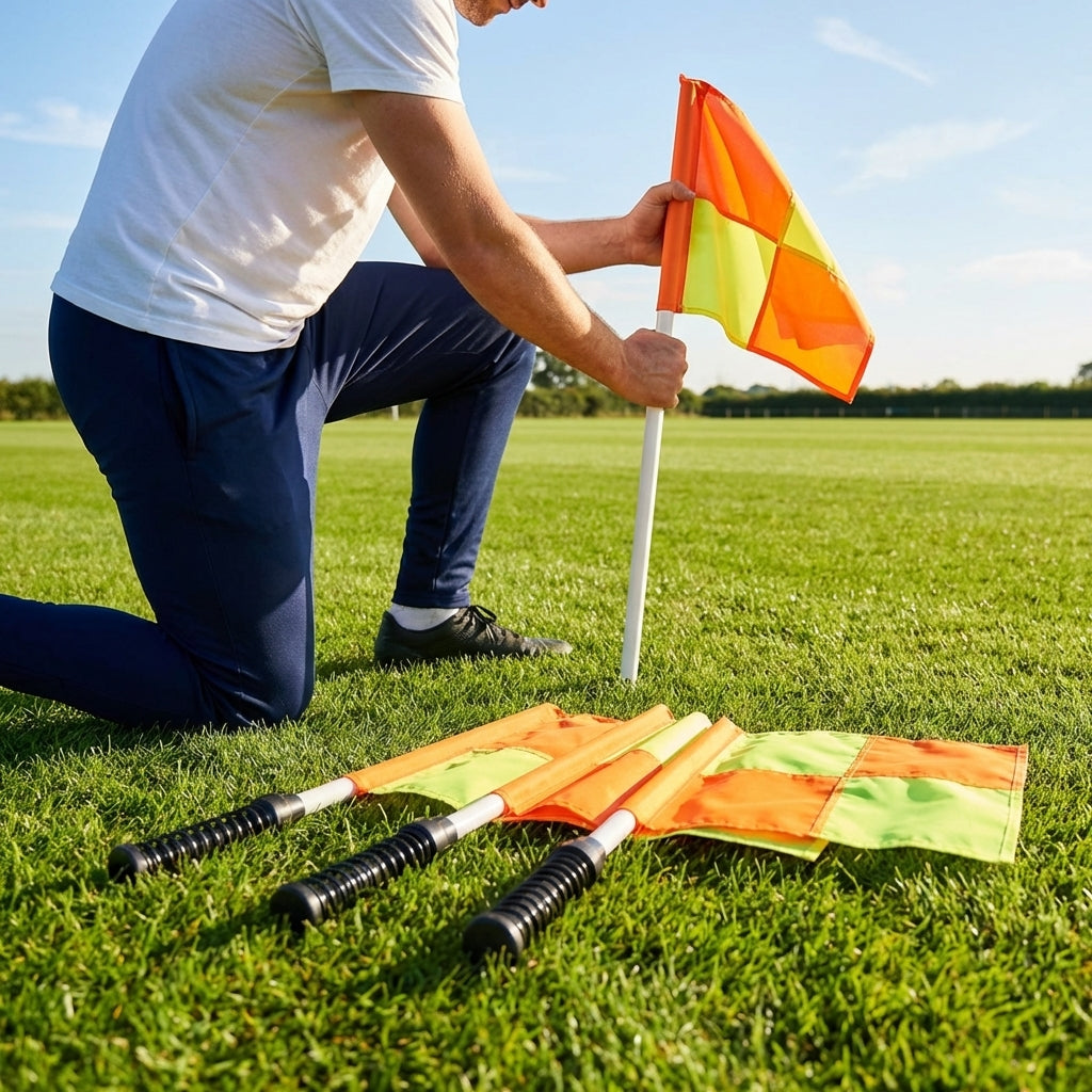 Spring loaded rugby corner flags with PVC poles and nylon flags