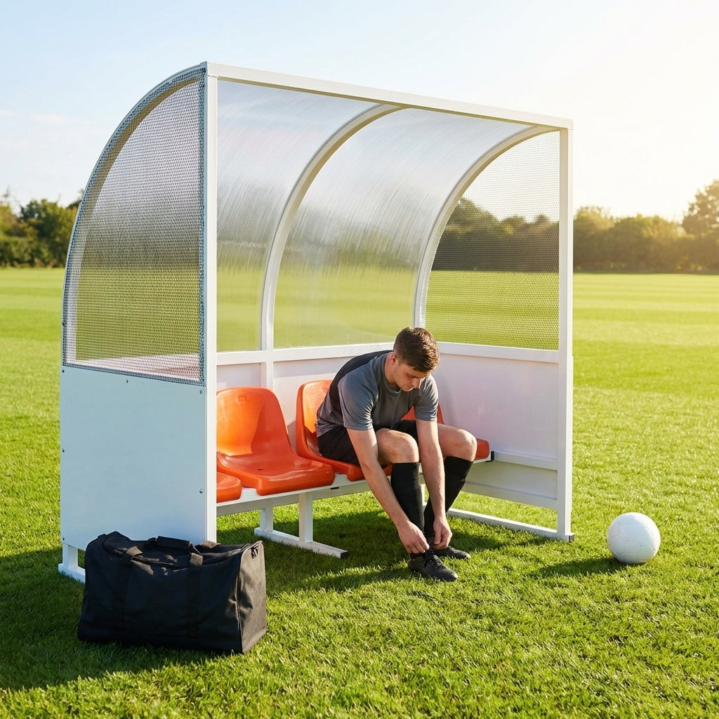 Heavy duty aluminium team shelter with moulded seats