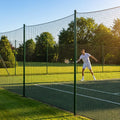 Removable tennis court surround system with steel posts and HDPP netting