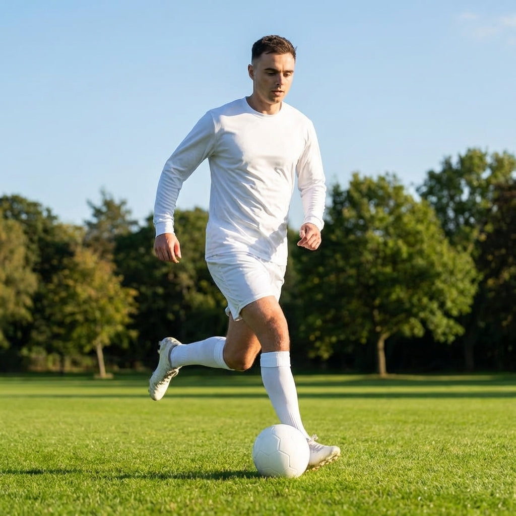 Men's football kit in various colours, including long-sleeve shirt, shorts, and socks