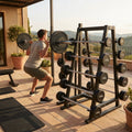 Steel barbell rack set for gym use, featuring a heavy-duty frame.