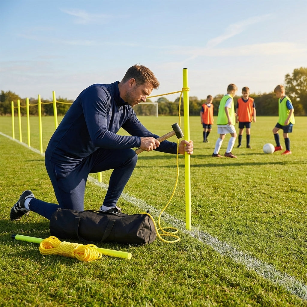 Football crowd control barrier with PVC poles for outdoor use
