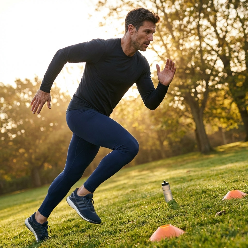 Men's compression base layer leggings in black, royal blue, and navy blue