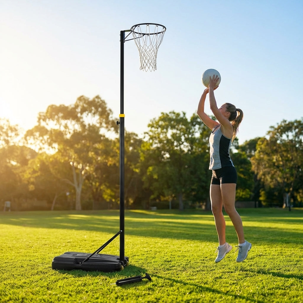 Adjustable netball posts for indoor and outdoor use