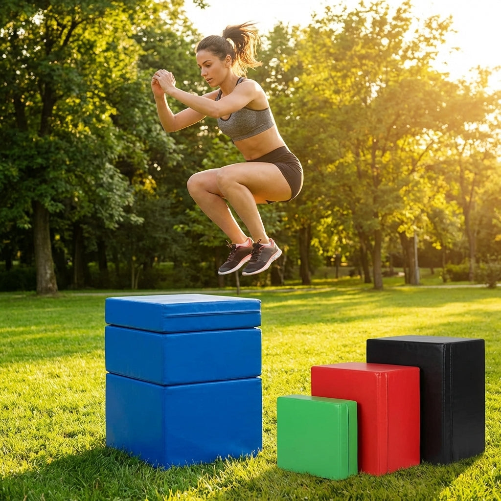 Plyometric jump boxes in various colours and heights for gym workouts