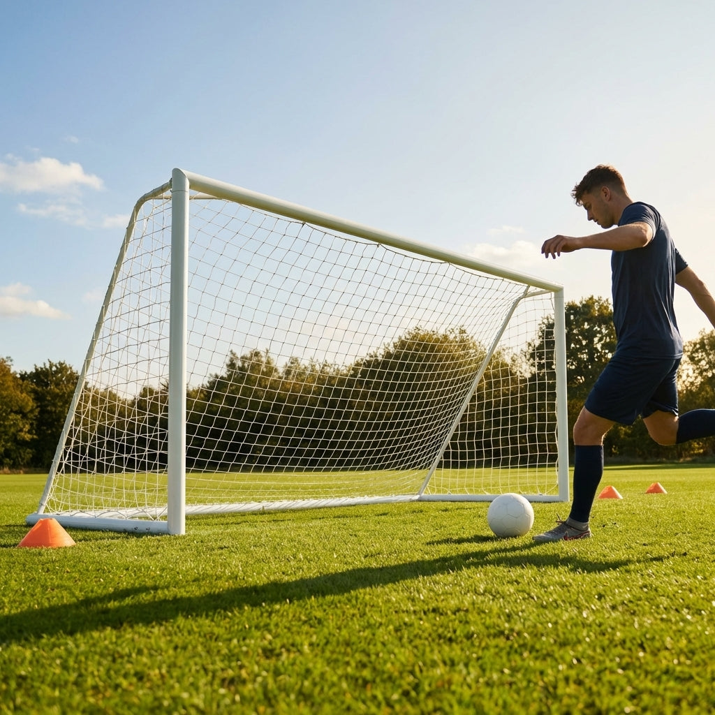 Aluminium socketed football goal with reinforced frame and weatherproof net