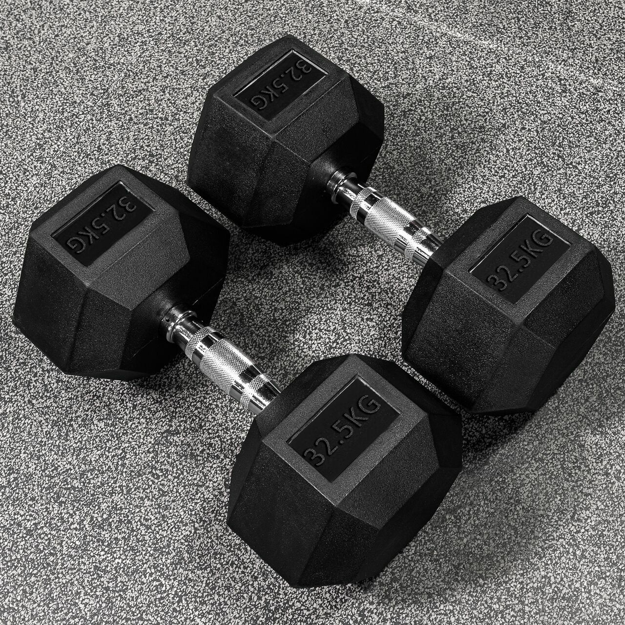 Hex dumbbells with rubber ends and chrome handles