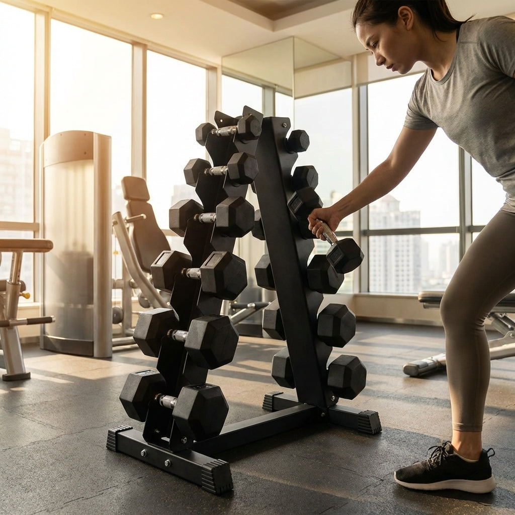 Dumbbell tree rack for home and gym, steel and rubber construction