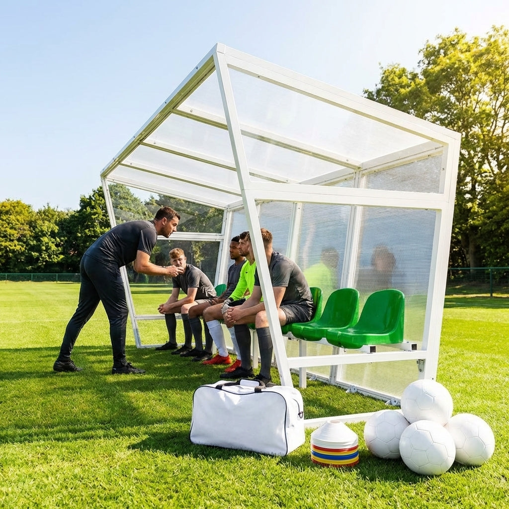 Heavy duty aluminium team shelter with moulded seats